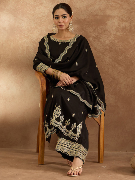Indo Era Black Embroidered Straight Kurta Trousers With Dupatta Set