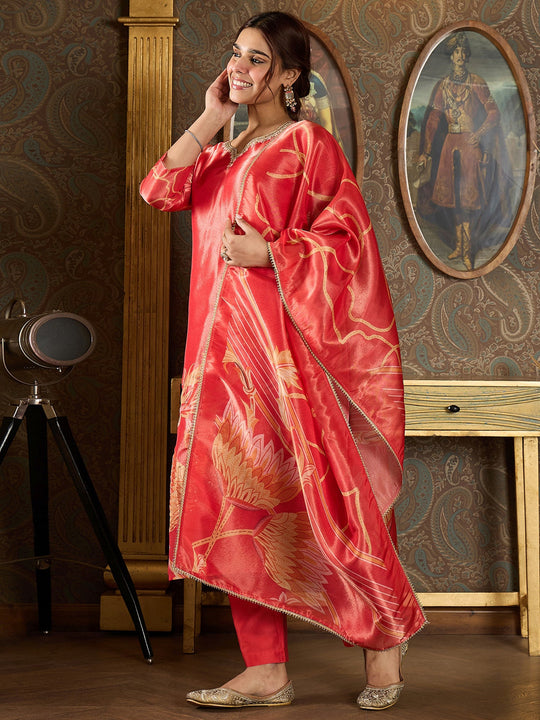 Indo Era Rust Printed Straight Kurta Trousers With Dupatta Set