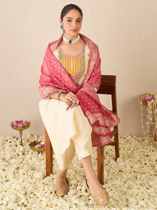 Women Cream Embroidered Silk Blend Straight Kurta Sets With Dupatta