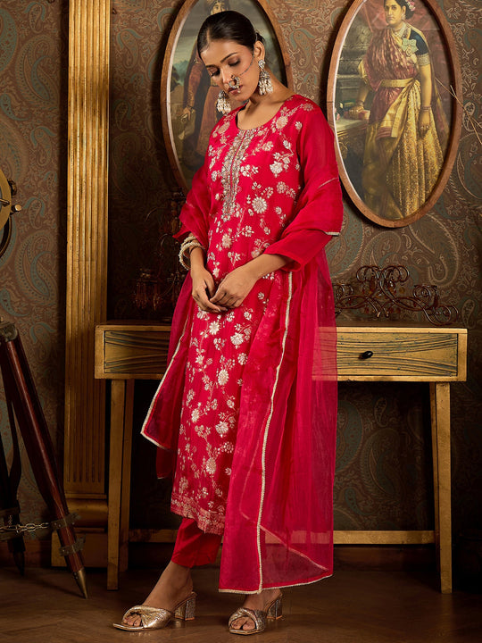 Indo Era Red Embroidered Straight Kurta Trousers With Dupatta Set