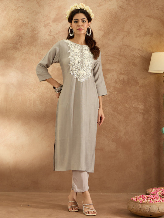 Indo Era Grey Embroidered Straight Kurta Trousers  Set