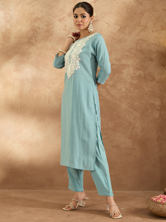 Indo Era Blue Embroidered Straight Kurta Trousers  Set