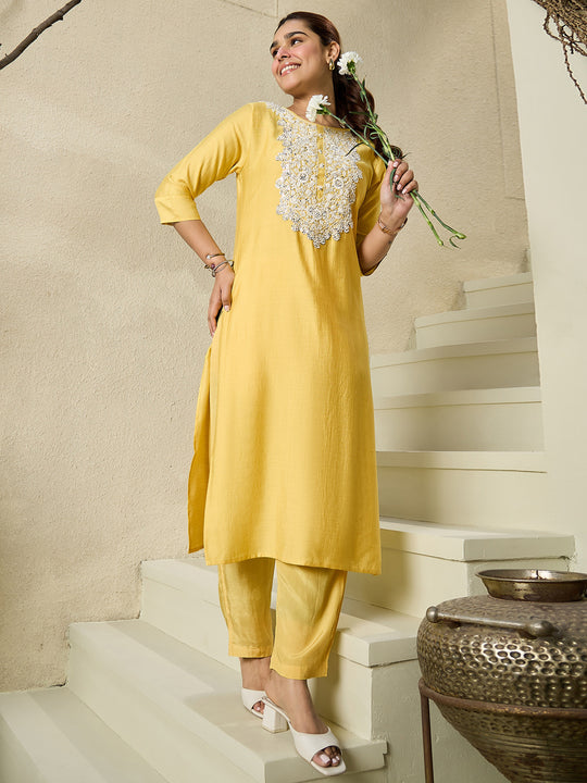 Indo Era Yellow Embroidered Straight Kurta Trousers  Set