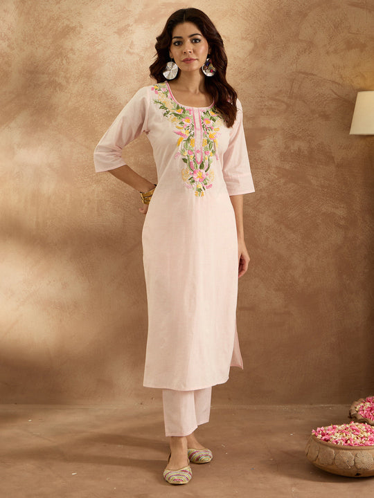 Indo Era Pink Embroidered Straight Kurta Trousers  Set