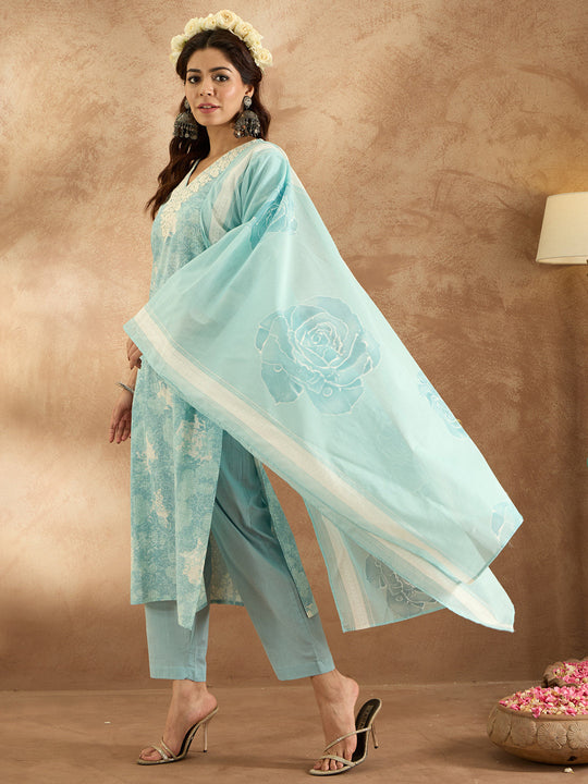 Indo Era Blue Embroidered Straight Kurta Trousers With Dupatta