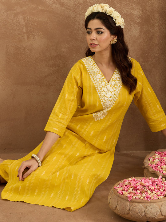 Indo Era Mustard Embroidered Straight Kurta Trousers  Set