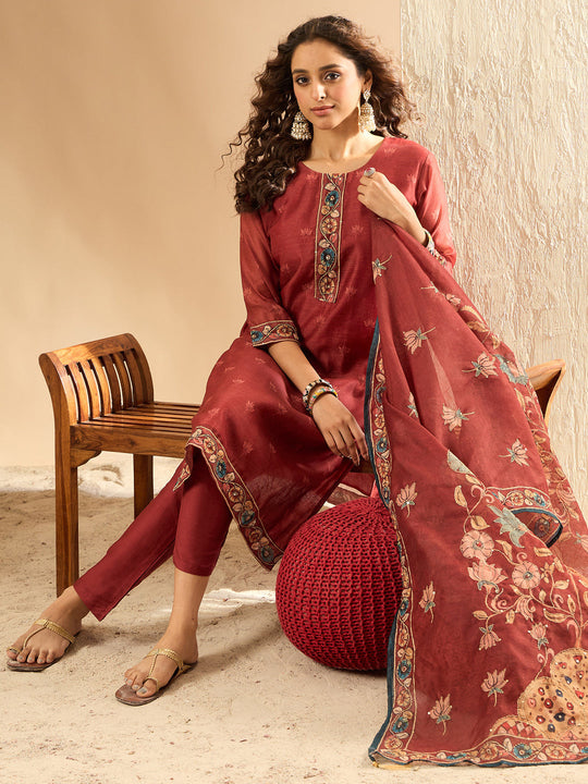 Indo Era Maroon Embroidered Straight Kurta Trousers With Dupatta Set