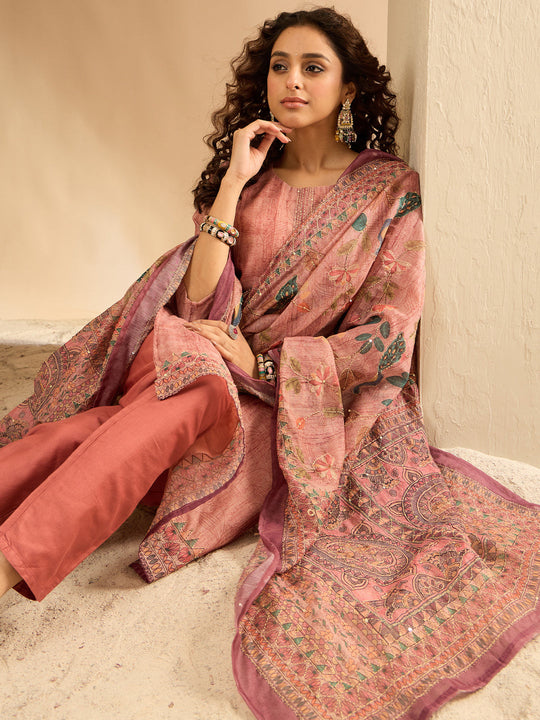 Indo Era Rust Embroidered Straight Kurta Trousers With Dupatta Set