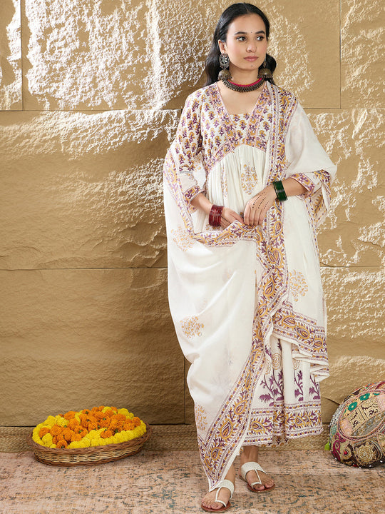 Indo Era White Printed A-Line Kurta Trousers With Dupatta Set