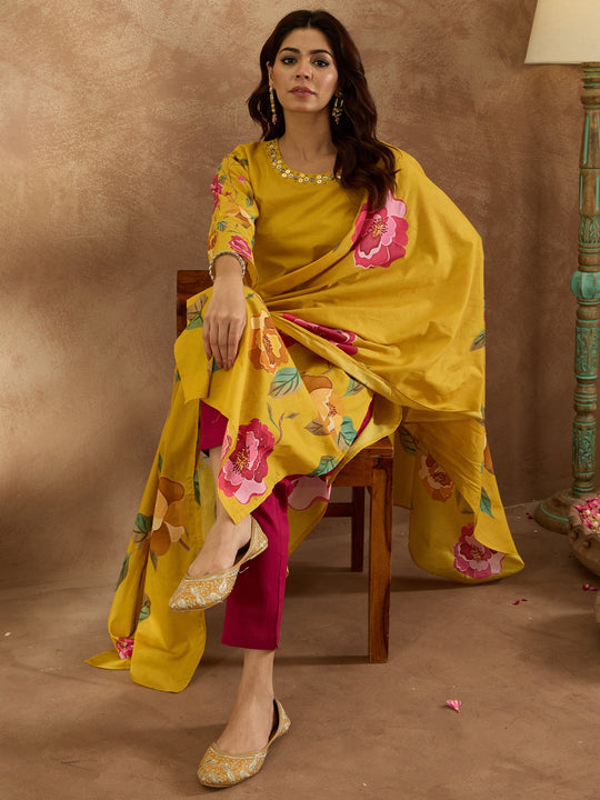Indo Era Yellow  Straight Kurta Trousers With Dupatta Set
