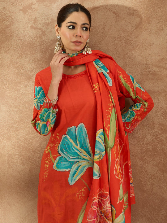 Indo Era Orange  Straight Kurta Trousers With Dupatta Set