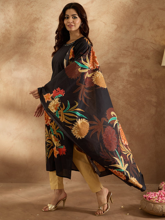 Indo Era Black  Straight Kurta Trousers With Dupatta Set