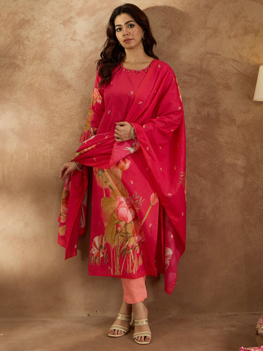 Indo Era Pink  Straight Kurta Trousers With Dupatta Set