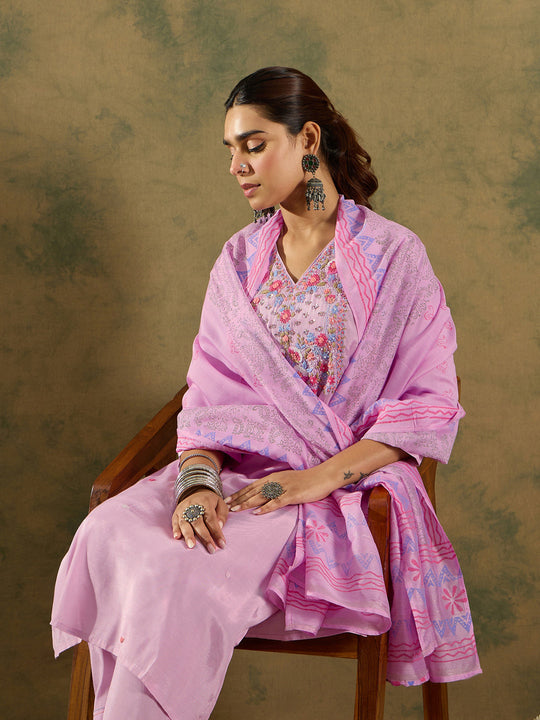 Indo Era Lavender Embroidered Straight Kurta Trousers With Dupatta Set