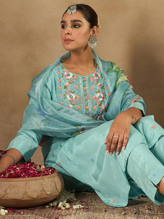 Indo Era Sea Green Embroidered Straight Kurta Trousers With Dupatta Set