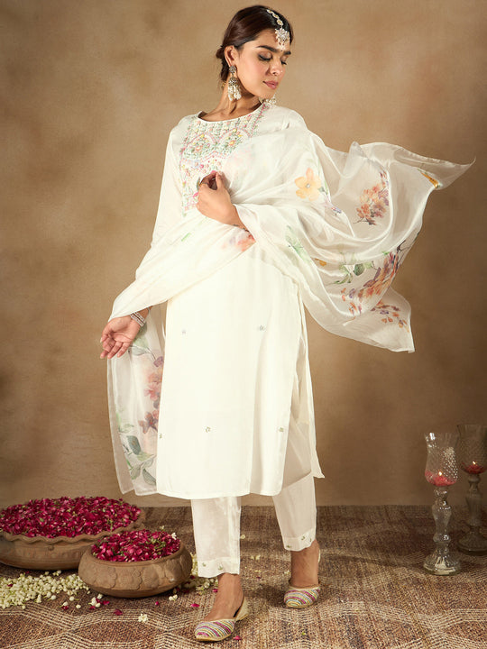 Indo Era White Embroidered Straight Kurta Trousers With Dupatta Set