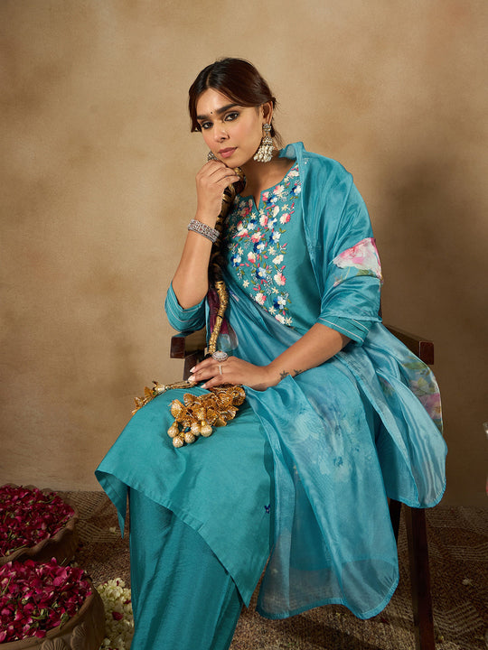 Indo Era Teal Embroidered Straight Kurta Trousers With Dupatta Set
