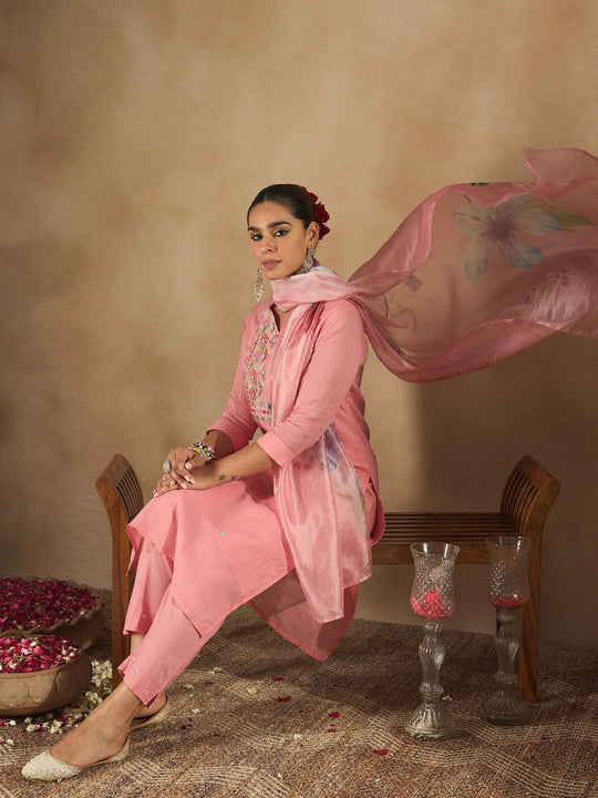 Indo Era Peach Embroidered Straight Kurta Trousers With Dupatta Set