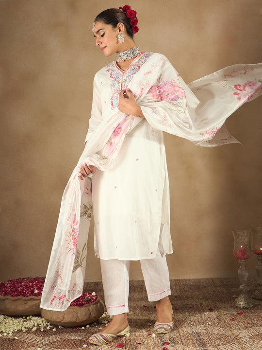 Indo Era White Embroidered Straight Kurta Trousers With Dupatta Set