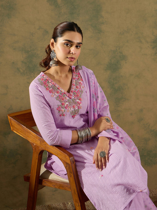 Indo Era Lavender Embroidered Straight Kurta Trousers With Dupatta Set