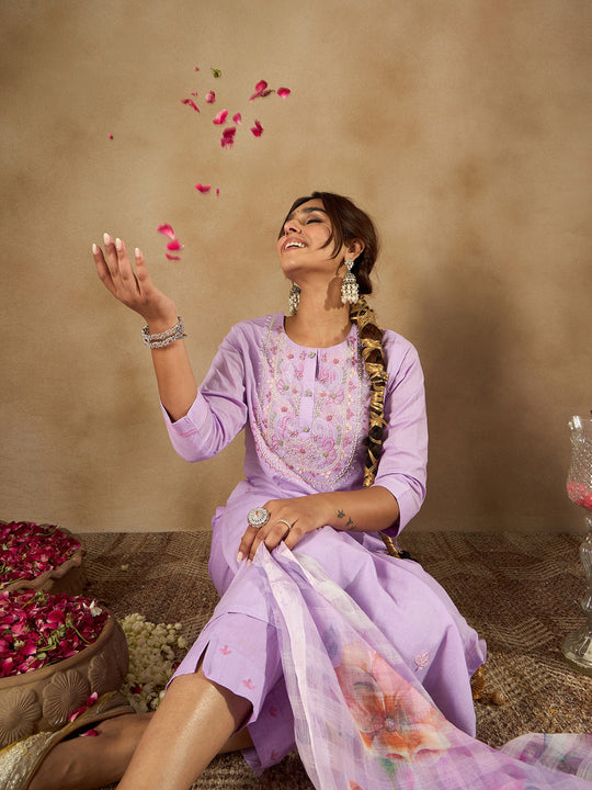 Indo Era Lavender Embroidered Straight Kurta Trousers With Dupatta Set