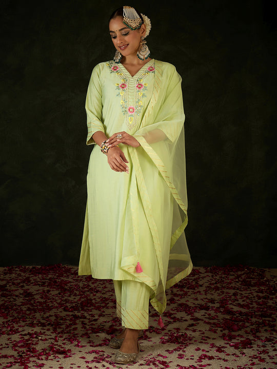 Indo Era Sea Green Embroidered Straight Kurta Trousers With Dupatta set