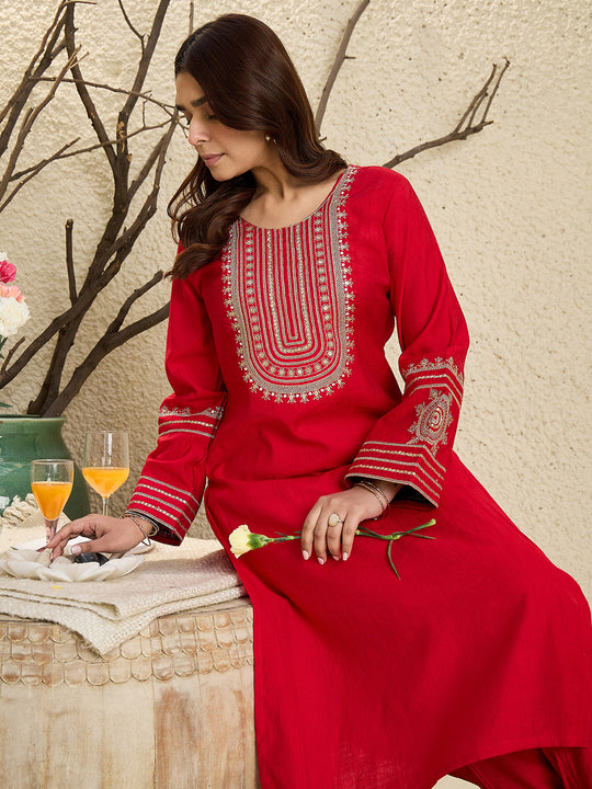 Indo Era Red Embroidered Straight Kurta Trousers set