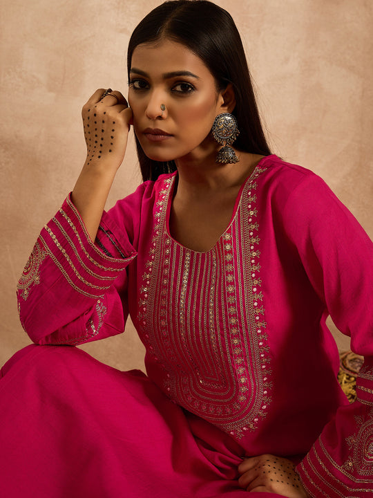 Indo Era Pink Embroidered Straight Kurta Trousers  set