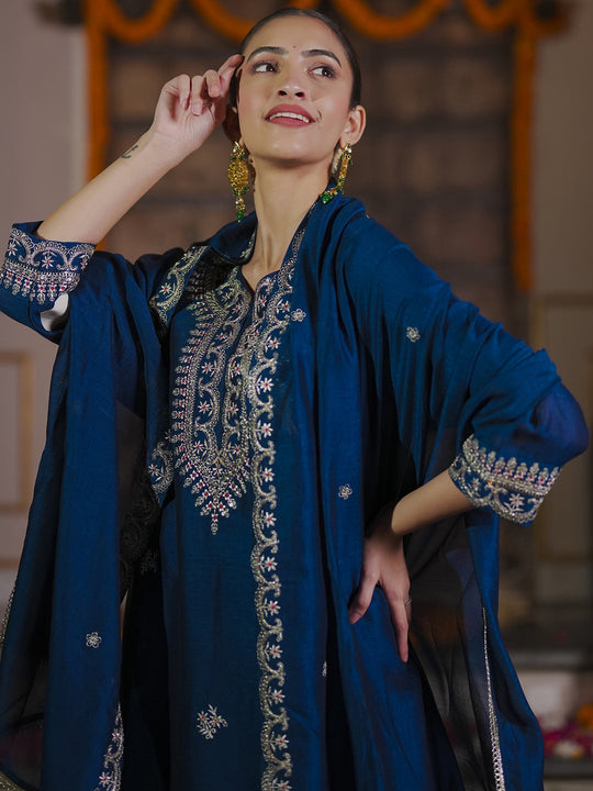 Indo Era Teal Embroidered Straight Kurta Trousers With Dupatta set