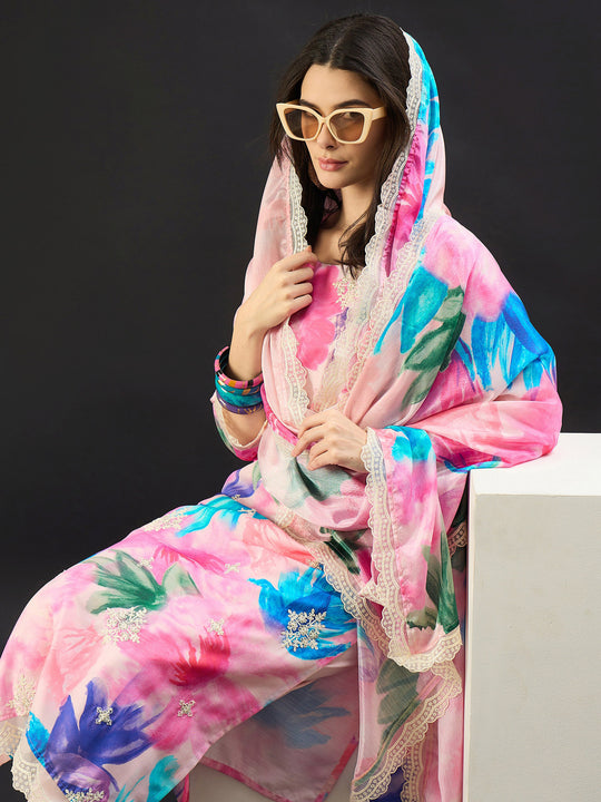 Indo Era Pink Embroidered A-Line Kurta Trousers With Dupatta set