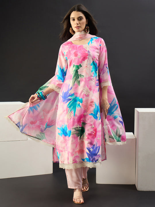 Indo Era Pink Embroidered A-Line Kurta Trousers With Dupatta set