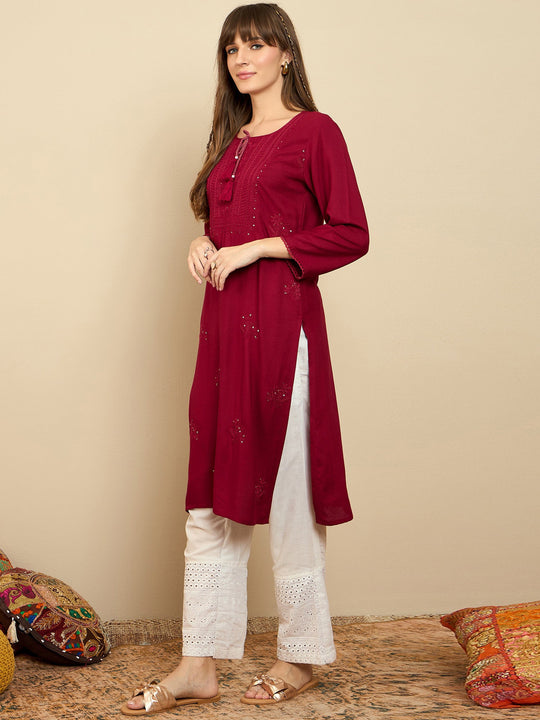 Indo Era Red Embroidered Straight Kurtas