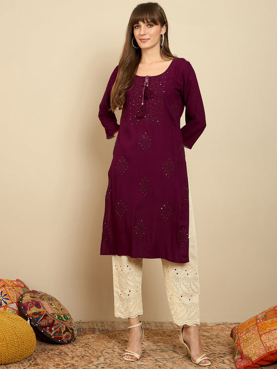 Indo Era Maroon Embroidered Straight Kurtas