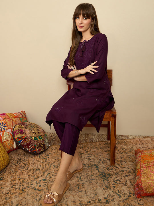 Indo Era Burgundy Embroidered Straight Kurtas