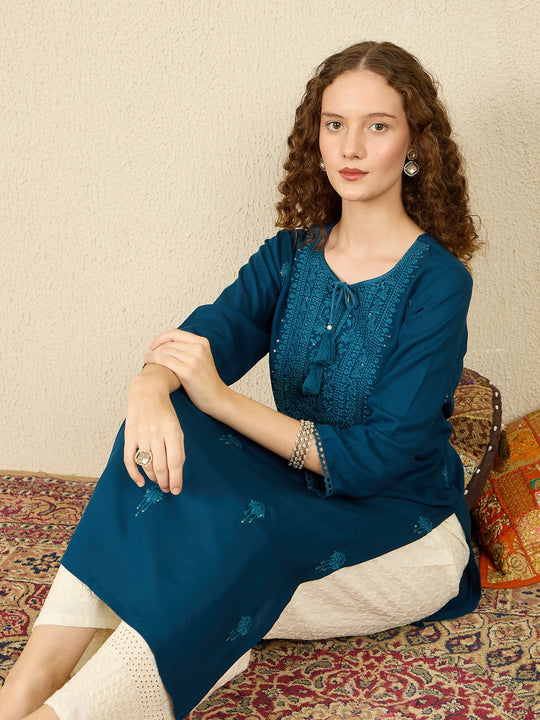 Blue Embroidered Straight Viscose Rayon Festive Kurtas