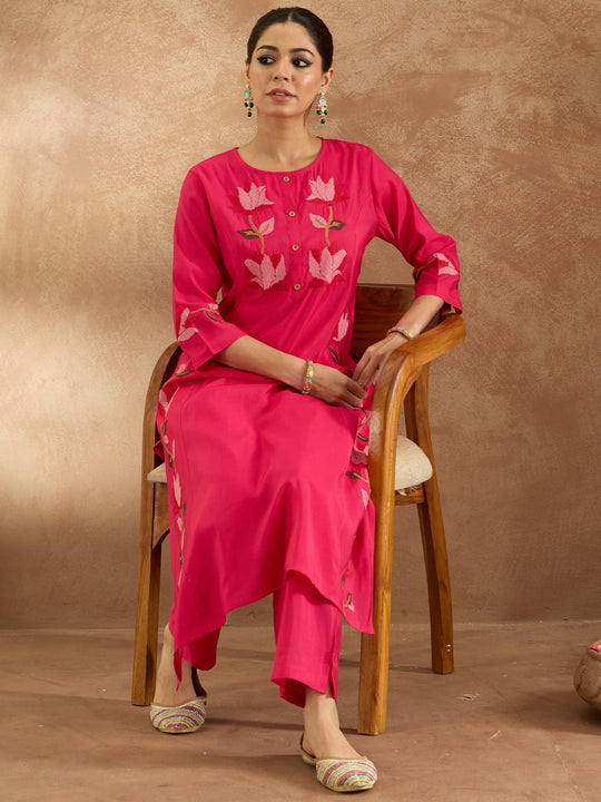 Indo Era Pink Embroidered Straight Kurta Trousers  Set