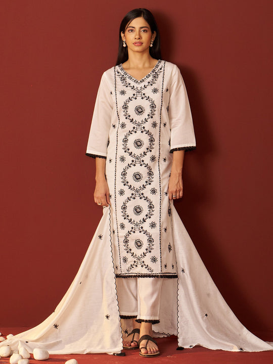 White Embroidered Silk Blend Straight Women Kurta Trouser With Dupatta