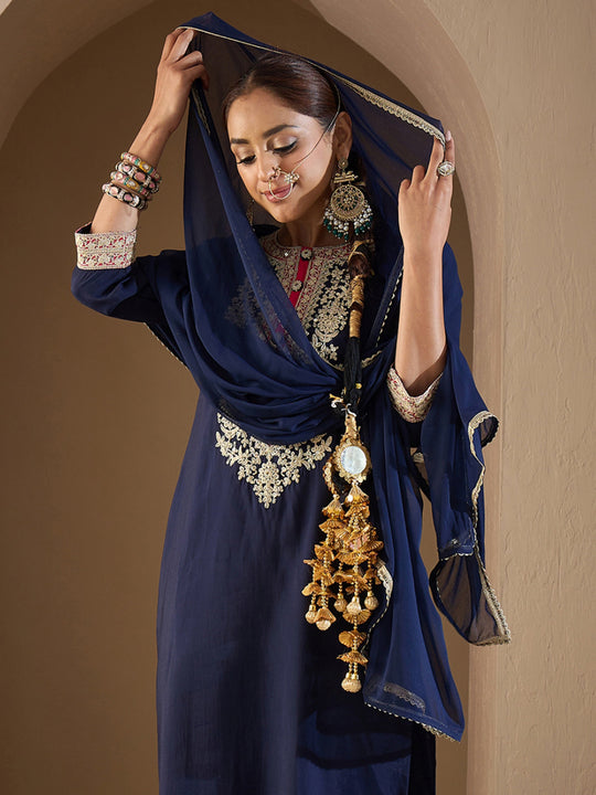 Indo Era Navy Blue Embroidered Straight Kurta Trousers With Dupatta Set