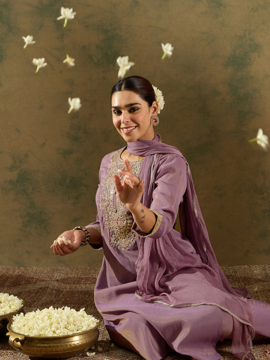 Indo Era Lavender Embroidered Straight Kurta Trousers With Dupatta Set