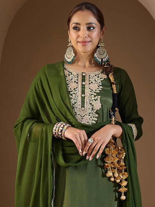 Indo Era Green Embroidered Straight Kurta Trousers With Dupatta Set