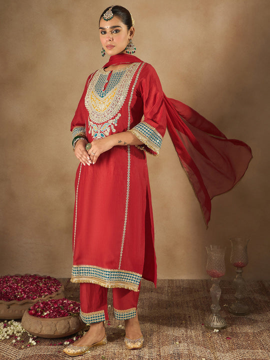 Indo Era Red Embroidered Straight Kurta Trousers With Dupatta Set