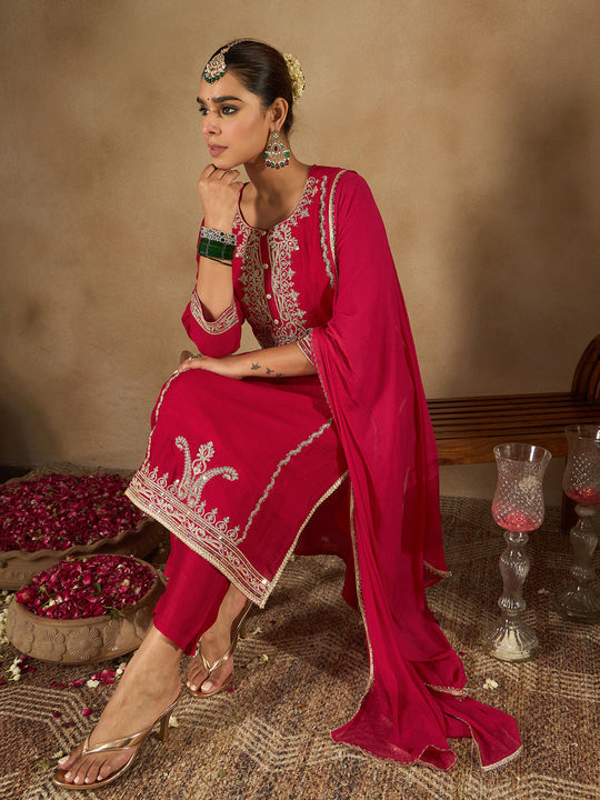 Indo Era Red Embroidered Straight Kurta Trousers With Dupatta Set