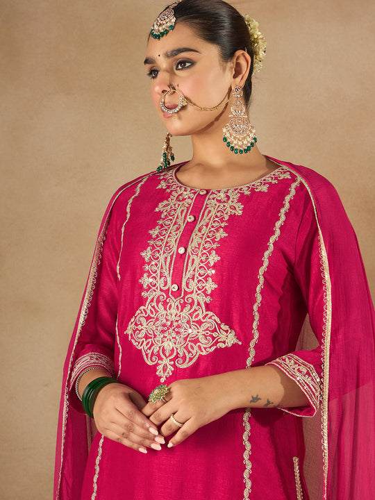 Indo Era Magenta Embroidered Straight Kurta Trousers With Dupatta Set