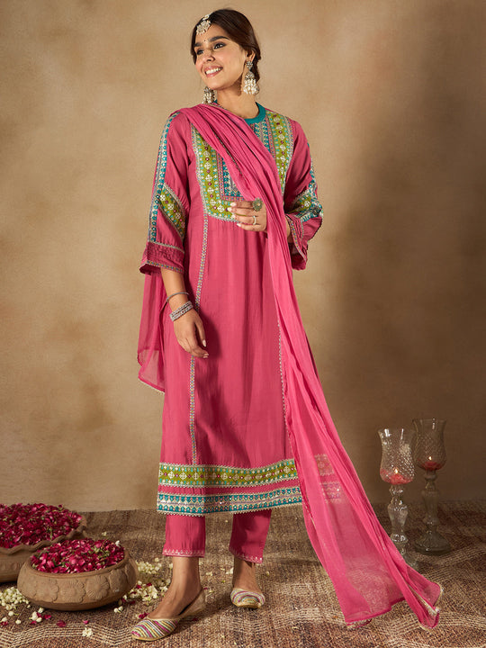 Indo Era Pink Embroidered Straight Kurta Trousers With Dupatta Set