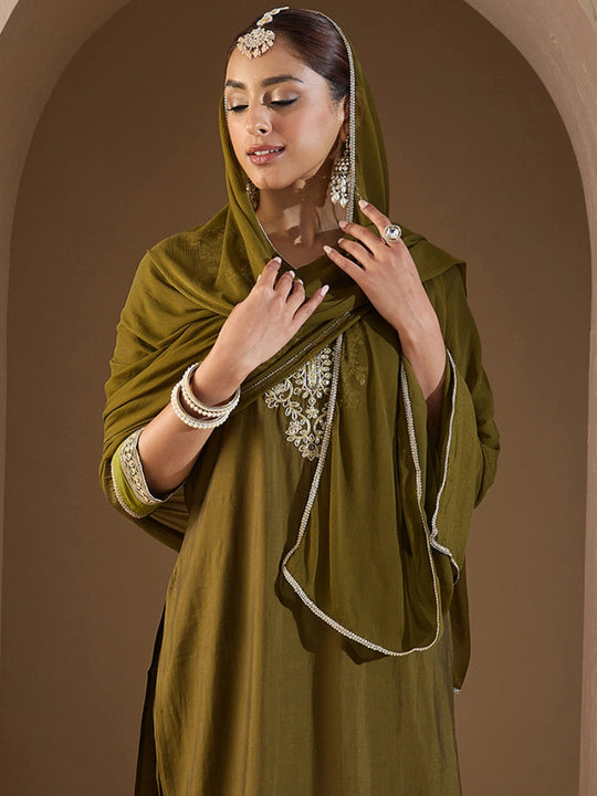 Indo Era Green Embroidered Straight Kurta Trousers With Dupatta set