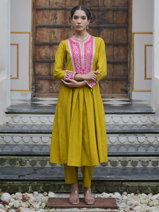 Indo Era Green Embroidered A-Line Kurta Trousers set