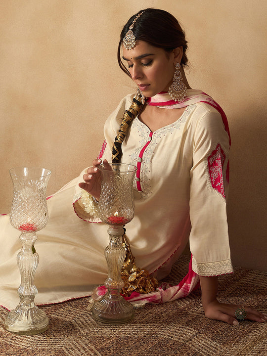 Cream Embroidered Straight Kurta Trousers With Dupatta