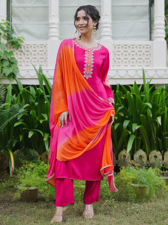 Magenta Embroidered Straight Kurta Trousers With Dupatta