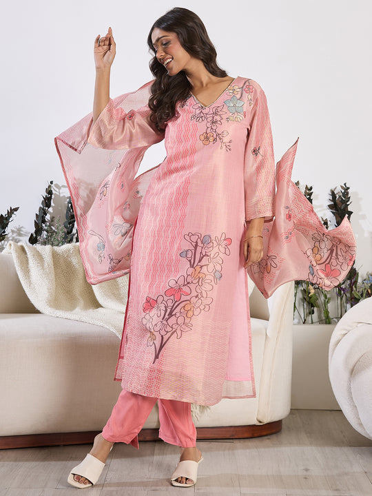 Indo Era Pink Printed Straight Kurta Trousers With Dupatta Set