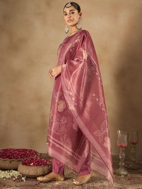 Indo Era Pink Printed Straight Kurta Trousers With Dupatta Set